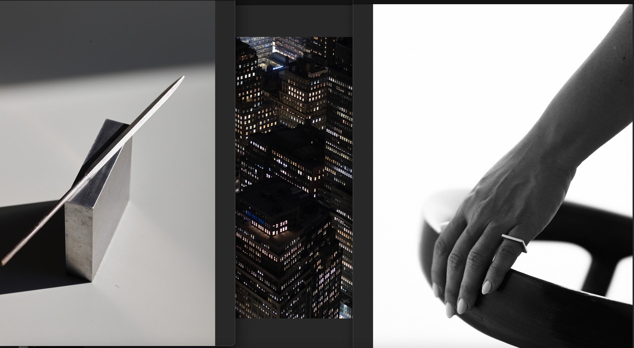 Three distinct images: a metallic object, a cityscape at night, and a hand on a chair.